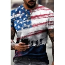 Trendy T-Shirt Flag Pattern Regular Fit Short-sleeved Round Neck T-Shirt for Men