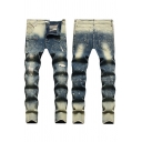 Men Basic Jeans Faded Effect Printed Zip Fly Pocket Detail Distressed Denim Pants in Blue