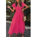 Trendy Women Dress Pure Color V-neck Short Sleeve High Rise Maxi Flare Dress