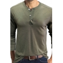 Simple Plain T-Shirt Long Sleeve V-Neck Button Detail Regular Fit T-Shirt for Men