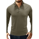 Simple Mens Polo Shirt Plain Long Sleeve Stand Collar Zip Closure Polo Shirt