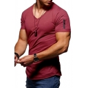 Men Sporty T-Shirt Solid Color V Neck Short Sleeves Slimming Zipper Detail T-Shirt