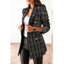Ladies Cool Suit Blazer Plaid Patterned Double-Breasted Pocket Shawl Lapel Suit Blazer