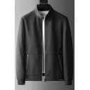 Street Look Jacket Plain Pocket Long Sleeves Fitted Zip Fly Stand Collar Jacket for Guys