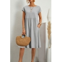 Ladies Fashion Dress Solid Midi Length Round Collar Short Sleeve Relaxed Pleated Dress
