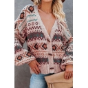 Warm Women Cardigan Tribal Print Long Sleeve V-neck Button Down Cardigan Sweater