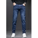 Modern Men's Jeans Plain Distressed Zip Fly Full Length Pocket Detail Bleach Jeans
