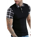 Casual Polo Shirt Plaid Pattern Raglan Short Sleeve Zip Detail Polo Shirt for Men