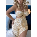 Women Fashion Dress Halter Neck Leopard Print Low Rise Split Side Slim Fit Maxi Dress