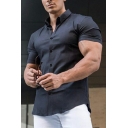 Men Daily Shirt Solid Color Turn-down Collar Short Sleeve Slim Fit Shirt