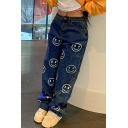 Stylish Women Wide Leg Jeans Face Printed Zip Placket Mid Waist Jeans