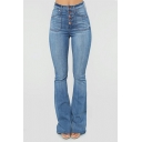 Vintage Women Solid Color Jeans High Rise Pocket Detail Button Placket Jeans