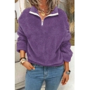 Modern Women Fleece Sweatshirt Contrast Collar Zip Detail Long Sleeve Regular Fit Sweatshirt