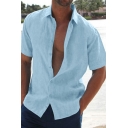 Elegant Shirt Solid Short Sleeve Turn-down Collar Regular Button Placket Shirt for Guys