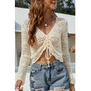 Attractive Women Knit Top Solid Hollow Out V-Neck Long Sleeve Ruched Cropped Knit Top