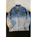 Guy's Freestyle Jacket Ombre Print Pocket Spread Collar Baggy Button Down Denim Jacket