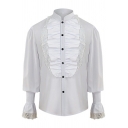 Elegant Shirt Solid Stand Collar Ruffles Detail Long-Sleeved Button Down Shirt for Boys