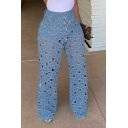Stylish Wide Leg Jeans Whole Colored Hollow Out Midwash Blue High Waist Jeans for Ladies