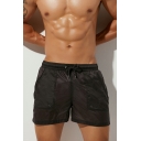 Men Casual Shorts Pure Color Big Pocket Drawstring Waist Mid Rise Fitted Shorts