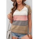 Trendy Womens Sweater Regular Color Block V-Neck Short Sleeve Hollow Knitted Top