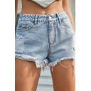 Simple Women Shorts Solid Broken Hole High Waist Zipper Denim Shorts