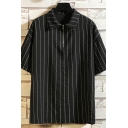 Men Popular Polo Shirt Stripe Print Zip Detail Short Sleeves Baggy Polo Shirt