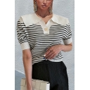 Chic Women's Polo Shirt Striped Button Pocket Spread Collar Short Sleeve Polo Shirt
