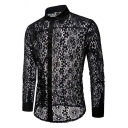 Boys Pop Shirt Floral Pattern Lace Designed Turn-down Collar Long Sleeve Button Fly Shirt