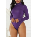 Enchanting Women Bodysuit Whole Colored High Neck Slim Fitted Long Sleeve Bodysuit