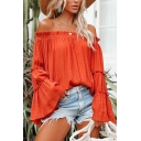 Elegant Womens Tee Top Solid Pleated Design Long Flared Sleeve Off The Shoulder T-Shirt