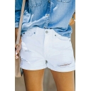 Popular Women Shorts Solid Color Distressed Detail Mid Waist Zip Fly Turn up Denim Shorts