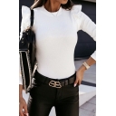 Leisure Womens Sweater Pure Color Ruffle Round Neck Long Sleeve Skinny Knitted Top