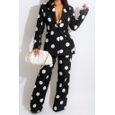 Fashion Suit Co-ords Polka Dot Front Pocket Blazer with Wide Leg Pants Set for Ladies