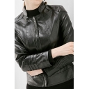Simple Womens Jacket Plain Stand Collar Long Sleeve Zip down Leather Jacket