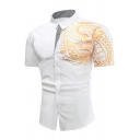 Unique Men Shirt Tribal Print Slim Short Sleeves Turn-down Collar Button Fly Shirt