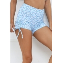 Ladies Chic Shorts Flower Pattern Ruched Elastic High Waist Shorts