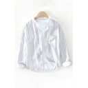 Guys Popular Shirt Striped Print Stand Collar Button Fly Long-sleeved Pocket Regular Shirt