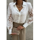 Modern Shirt Whole Colored Spread Collar Buttons Hollow Out Long Sleeves Shirt for Ladies