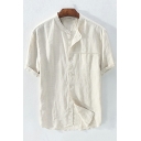 Boys Retro Shirt Whole Colored Round Neck Short Sleeves Regular Button Placket Shirt