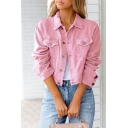 Modern Ladies Jacket Pure Color Pocket Long Sleeve Fitted Spread Collar Crop Denim Jacket