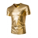 Glossy T-shirt Bronzing Printed Short Sleeve V Neck Slim Fitted Tee Top for Boys