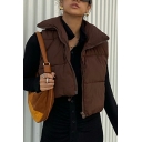 Street Look Women's Vest Pure Color Stand Collar Padded Zip-up Cropped Vest