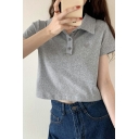 Simple Girls Polo Shirt Heart Pattern Spread Collar Short Sleeve Cropped Polo Shirt
