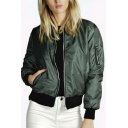 Chic Womens Jacket Contrast Collar Pocket Long Sleeves Zip down Long Sleeve Bomber Jacket