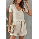 Leisure Ladies Rompers Plain V-Neck Short Sleeve Button Detail Tie-Front Rompers