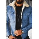 Street Look Guy's Jacket Plain Chest Pocket Spread Collar Button Fly Brushed Denim Jacket