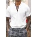 Men Urban Polo Shirt Solid Color Stand Collar Regular Short Sleeve Zip Up Polo Shirt
