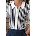 Casual Polo Shirt Stripe Printed Spread Collar Short-sleeved Button Fly Polo Shirt for Men