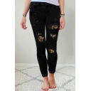 Girls Street Look Jeans Leopard Patchwork High Waist Zipper Skinny Side Pocket Jeans