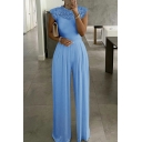 Chic Jumpsuits Pure Color Lace Round Neck Cap Sleeve Wide Leg Pleated Jumpsuits for Women